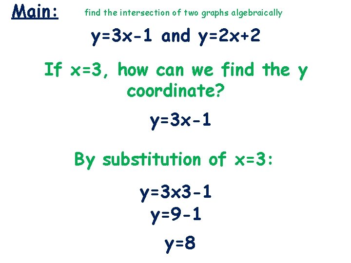 Main: find the intersection of two graphs algebraically y=3 x-1 and y=2 x+2 If Main: find the intersection of two graphs algebraically y=3 x-1 and y=2 x+2 If