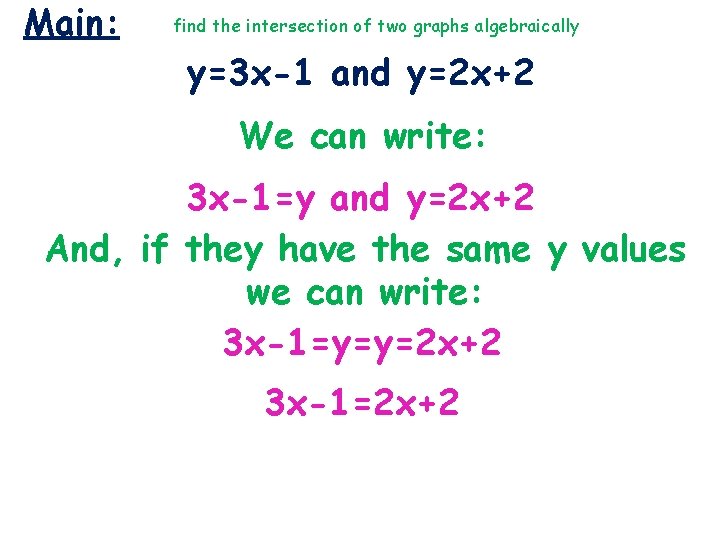 Main: find the intersection of two graphs algebraically y=3 x-1 and y=2 x+2 We Main: find the intersection of two graphs algebraically y=3 x-1 and y=2 x+2 We