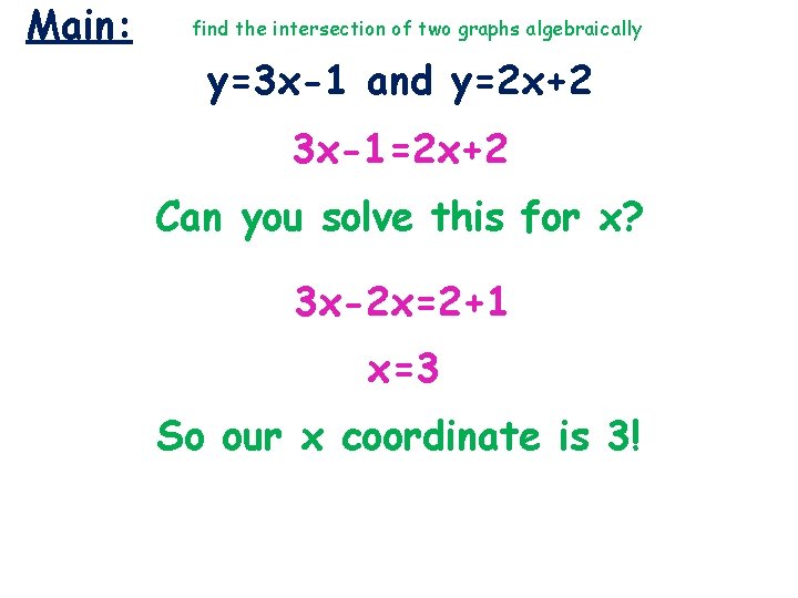 Main: find the intersection of two graphs algebraically y=3 x-1 and y=2 x+2 3 Main: find the intersection of two graphs algebraically y=3 x-1 and y=2 x+2 3