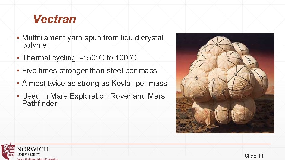 Vectran ▪ Multifilament yarn spun from liquid crystal polymer ▪ Thermal cycling: -150°C to