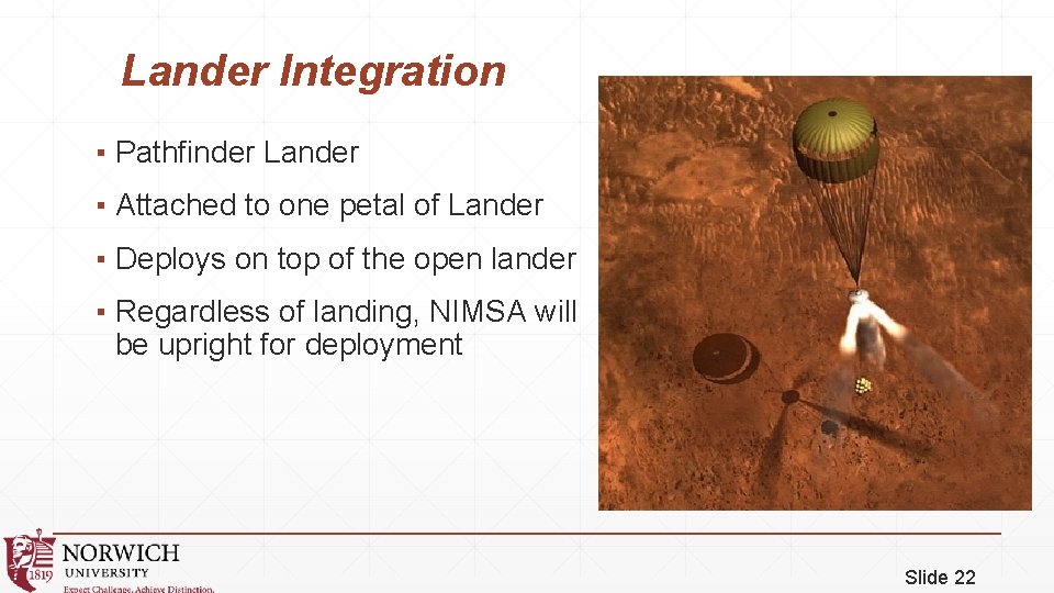 Lander Integration ▪ Pathfinder Lander ▪ Attached to one petal of Lander ▪ Deploys