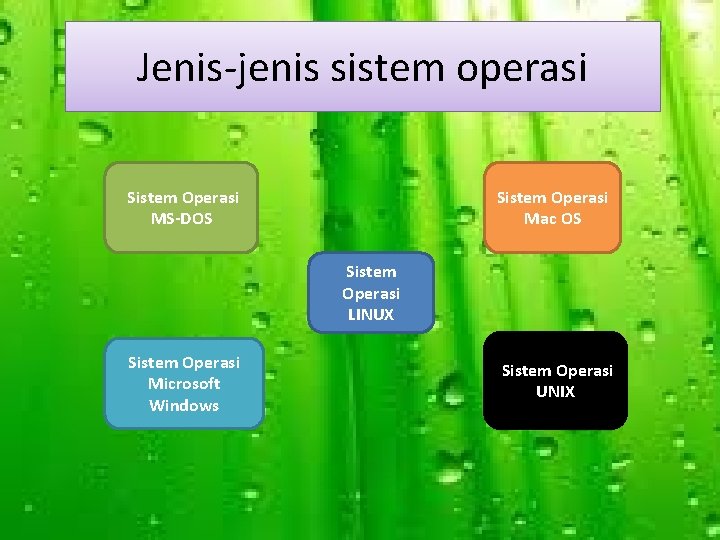 Jenis-jenis sistem operasi Sistem Operasi MS-DOS Sistem Operasi Mac OS Sistem Operasi LINUX Sistem