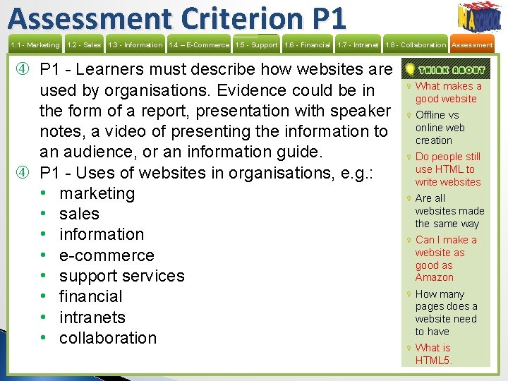 Assessment Criterion P 1 1. 1 - Marketing 1. 2 - Sales 1. 3