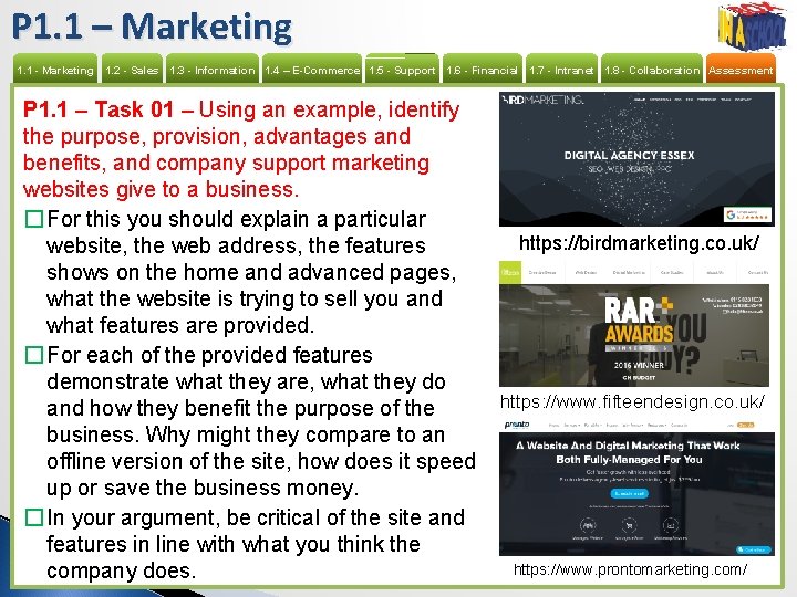 P 1. 1 – Marketing 1. 1 - Marketing 1. 2 - Sales 1.