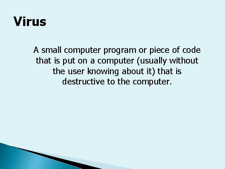 Virus A small computer program or piece of code that is put on a