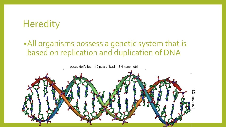 Heredity • All organisms possess a genetic system that is based on replication and