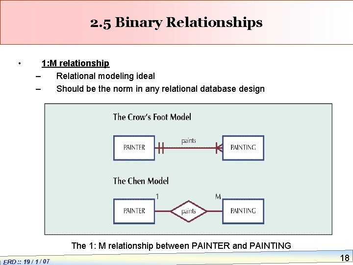 2. 5 Binary Relationships • 1: M relationship – Relational modeling ideal – Should