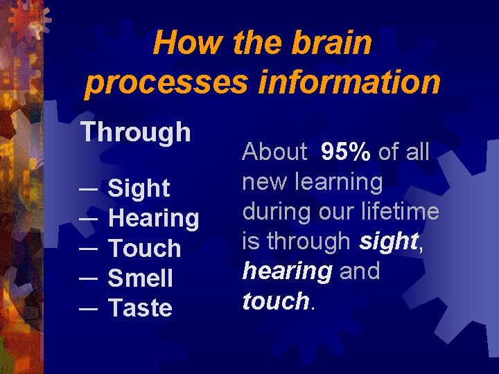 How the brain processes information Through － Sight － Hearing － Touch － Smell