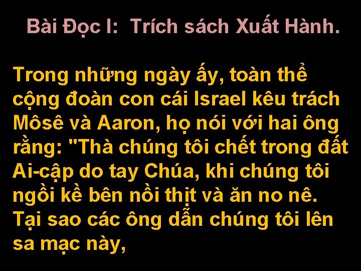 Bài Ðọc I: Trích sách Xuất Hành. Trong những ngày ấy, toàn thể cộng