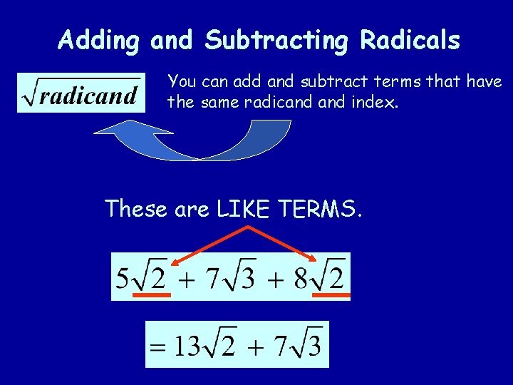 Adding and Subtracting Radicals You can add and subtract terms that have the same