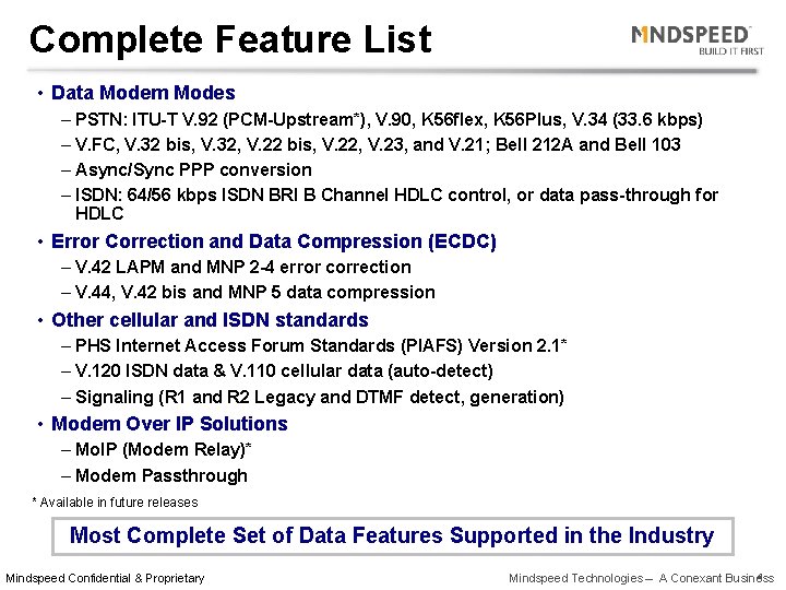 Complete Feature List • Data Modem Modes – PSTN: ITU-T V. 92 (PCM-Upstream*), V.