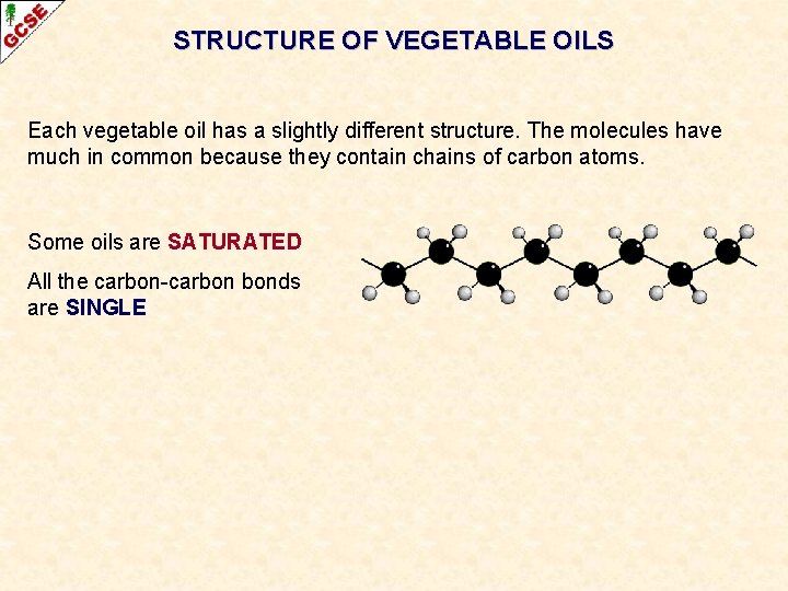 STRUCTURE OF VEGETABLE OILS Each vegetable oil has a slightly different structure. The molecules
