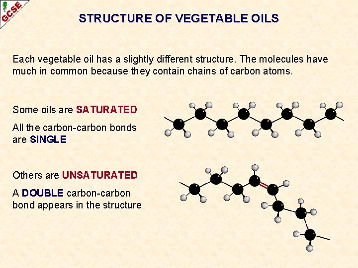 STRUCTURE OF VEGETABLE OILS Each vegetable oil has a slightly different structure. The molecules