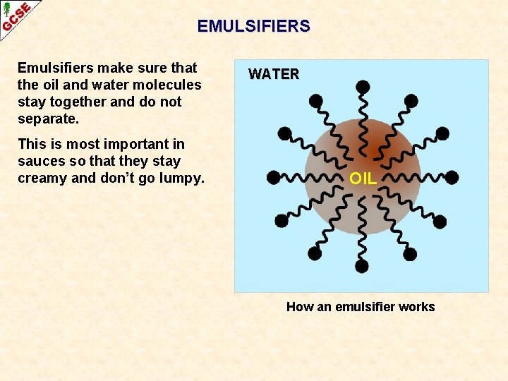 EMULSIFIERS Emulsifiers make sure that the oil and water molecules stay together and do
