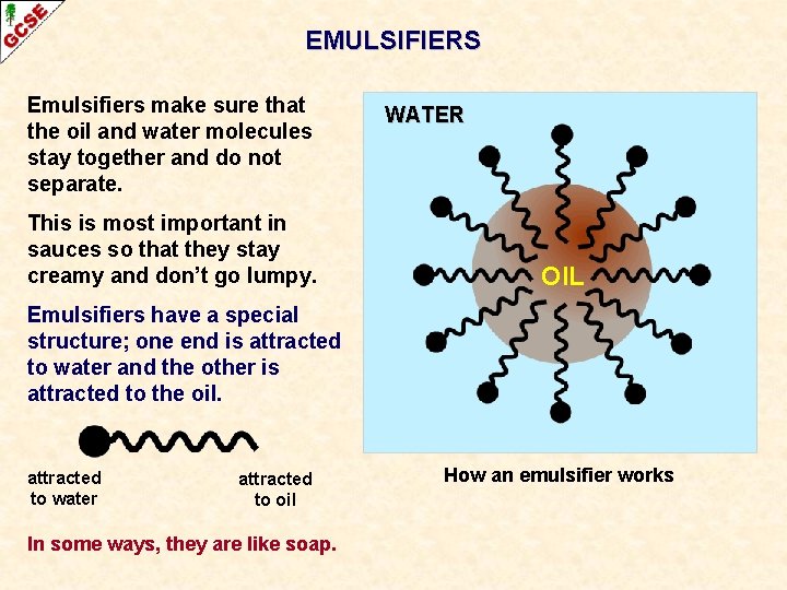 EMULSIFIERS Emulsifiers make sure that the oil and water molecules stay together and do