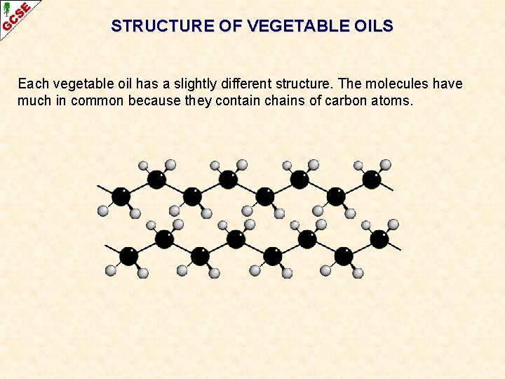 STRUCTURE OF VEGETABLE OILS Each vegetable oil has a slightly different structure. The molecules