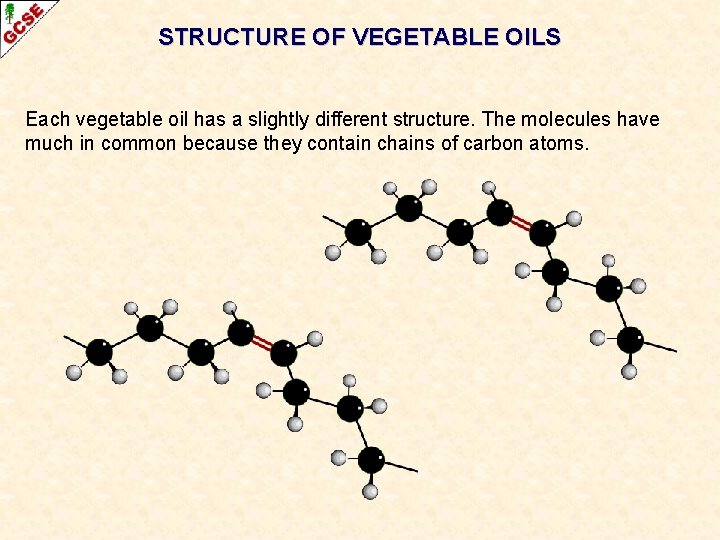 STRUCTURE OF VEGETABLE OILS Each vegetable oil has a slightly different structure. The molecules
