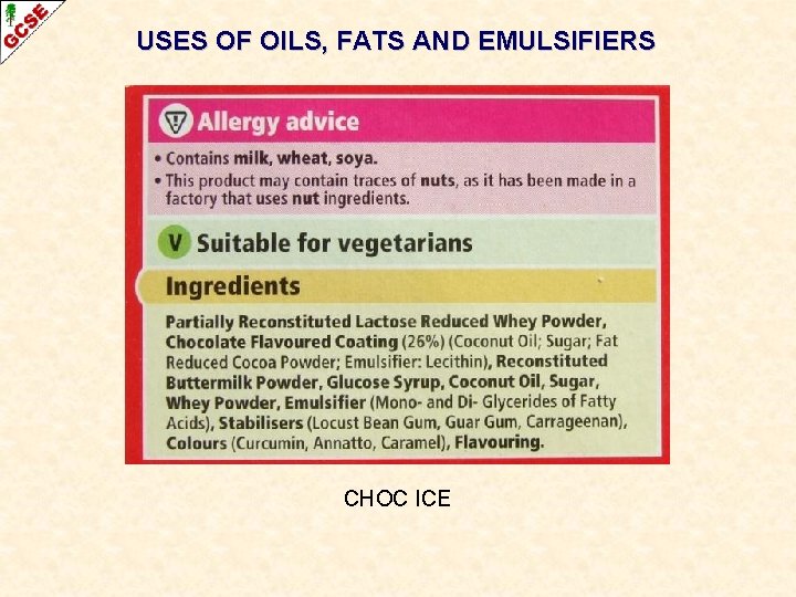 USES OF OILS, FATS AND EMULSIFIERS CHOC ICE 