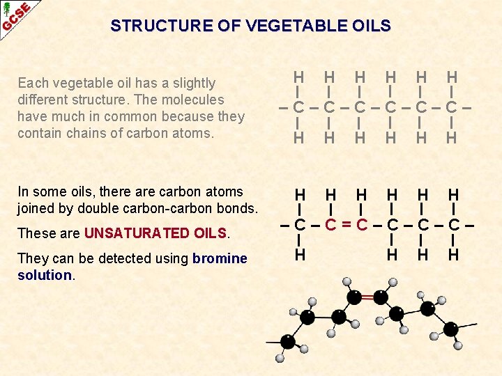 STRUCTURE OF VEGETABLE OILS Each vegetable oil has a slightly different structure. The molecules