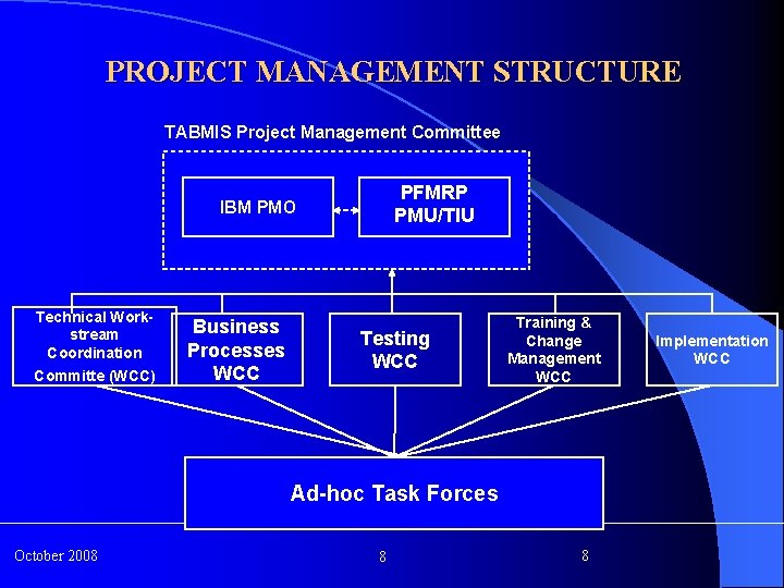PROJECT MANAGEMENT STRUCTURE TABMIS Project Management Committee PFMRP PMU/TIU IBM PMO Technical Workstream Coordination