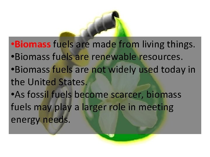  • Biomass fuels are made from living things. • Biomass fuels are renewable