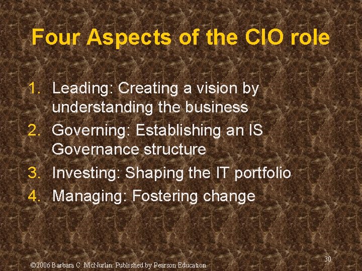Four Aspects of the CIO role 1. Leading: Creating a vision by understanding the Four Aspects of the CIO role 1. Leading: Creating a vision by understanding the