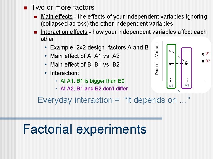 n Two or more factors n Dependent Variable n Main effects - the effects