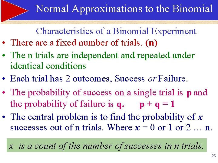 Normal Approximations to the Binomial • • • Characteristics of a Binomial Experiment There