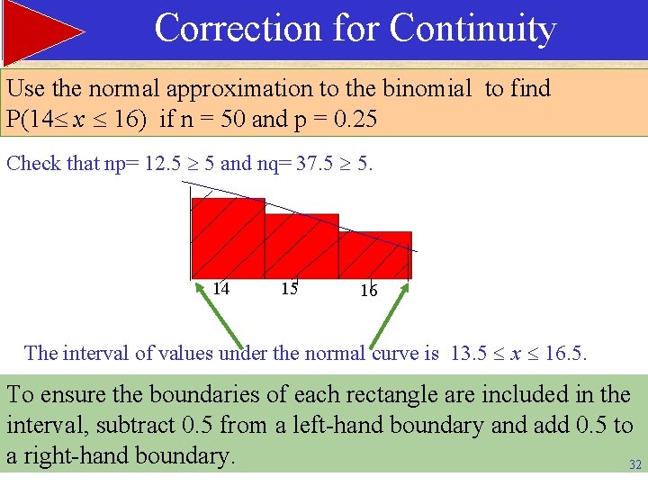 Correction for Continuity Use the normal approximation to the binomial to find P(14 x