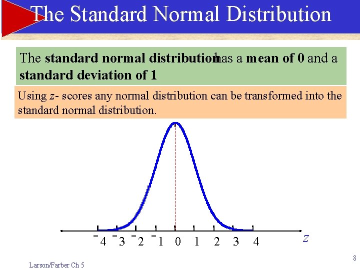 The Standard Normal Distribution The standard normal distributionhas a mean of 0 and a