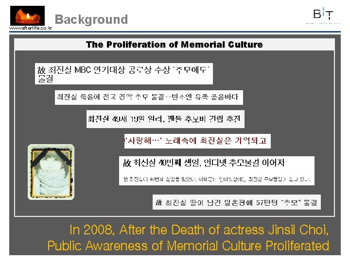 www. afterlife. co. kr Background The Proliferation of Memorial Culture In 2008, After the