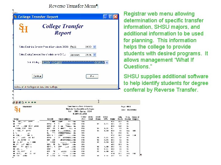 Registrar web menu allowing determination of specific transfer information, SHSU majors, and additional information
