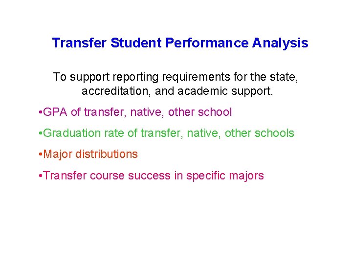 Transfer Student Performance Analysis To support reporting requirements for the state, accreditation, and academic