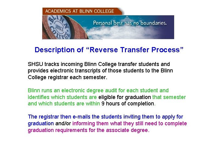 Description of “Reverse Transfer Process” SHSU tracks incoming Blinn College transfer students and provides