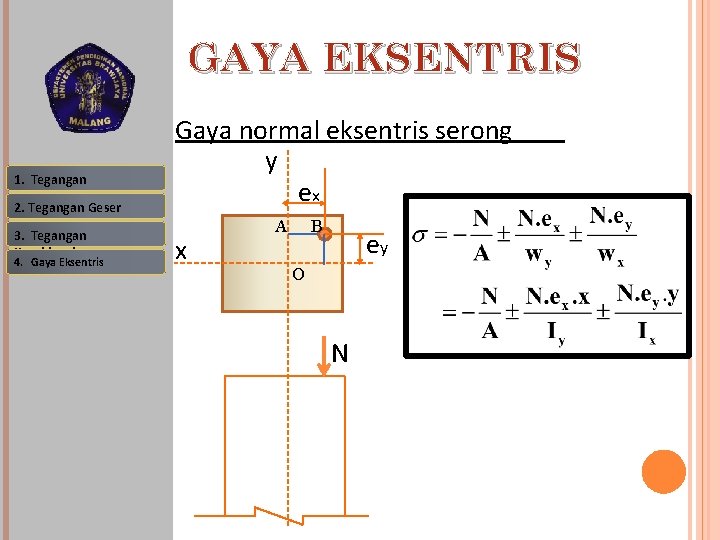 GAYA EKSENTRIS 1. Tegangan 2. Tegangan Geser 3. Tegangan Kombinasi 4. Gaya Eksentris Gaya GAYA EKSENTRIS 1. Tegangan 2. Tegangan Geser 3. Tegangan Kombinasi 4. Gaya Eksentris Gaya