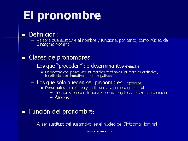 El pronombre n Definición: n Clases de pronombres – Palabra que sustituye al nombre
