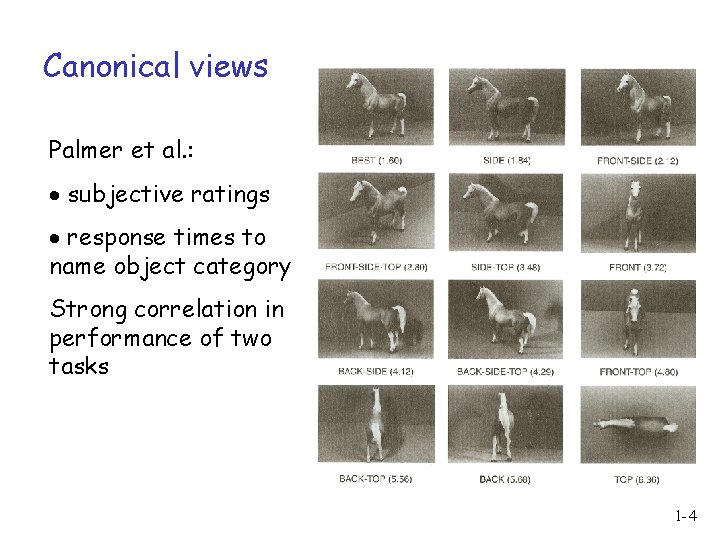 Canonical views Palmer et al. : subjective ratings response times to name object category