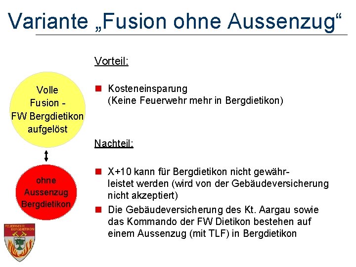 Variante „Fusion ohne Aussenzug“ Vorteil: Volle Fusion FW Bergdietikon aufgelöst n Kosteneinsparung (Keine Feuerwehr