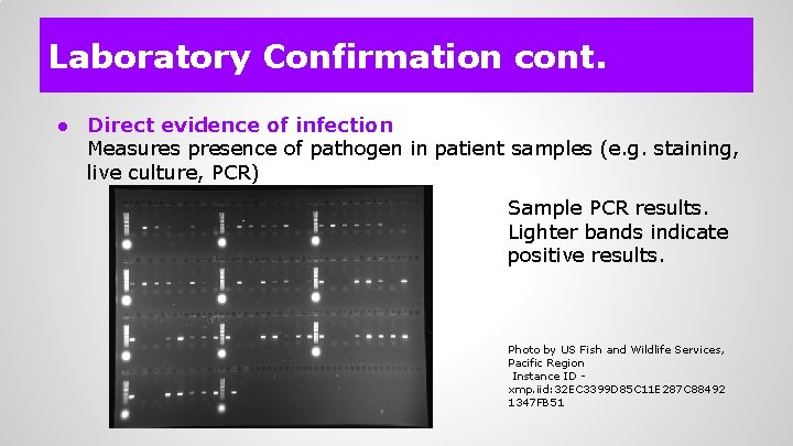 Laboratory Confirmation cont. ● Direct evidence of infection Measures presence of pathogen in patient