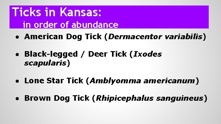 Ticks in Kansas: in order of abundance ● American Dog Tick (Dermacentor variabilis) ●