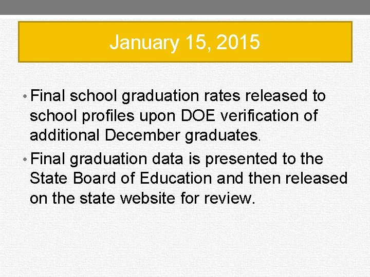 January 15, 2015 • Final school graduation rates released to school profiles upon DOE