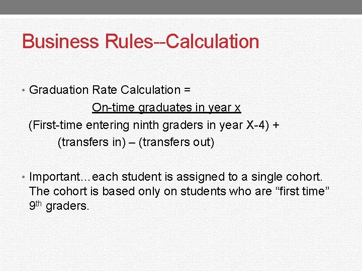Business Rules--Calculation • Graduation Rate Calculation = On-time graduates in year x (First-time entering