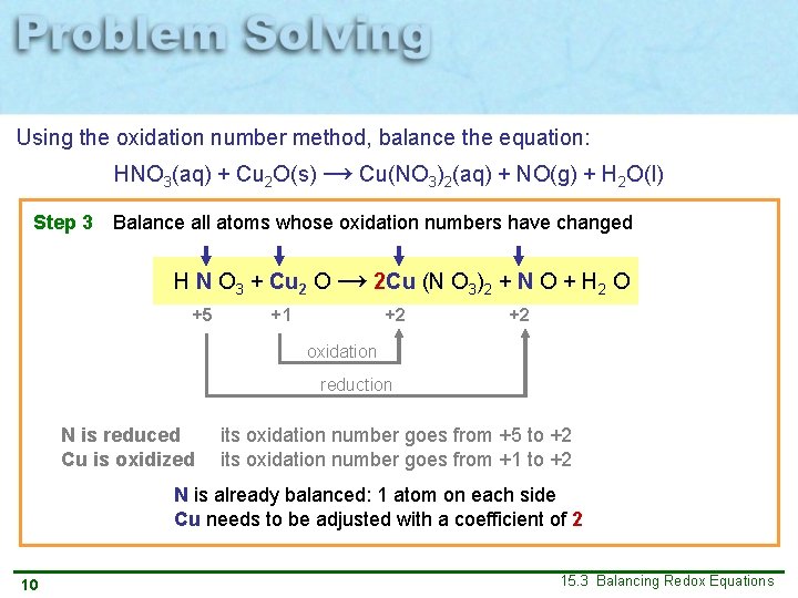 Using the oxidation number method, balance the equation: HNO 3(aq) + Cu 2 O(s)