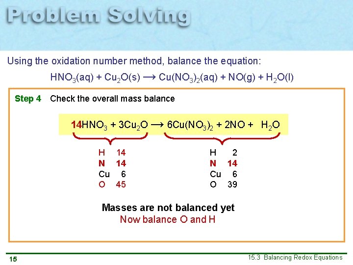 Using the oxidation number method, balance the equation: HNO 3(aq) + Cu 2 O(s)