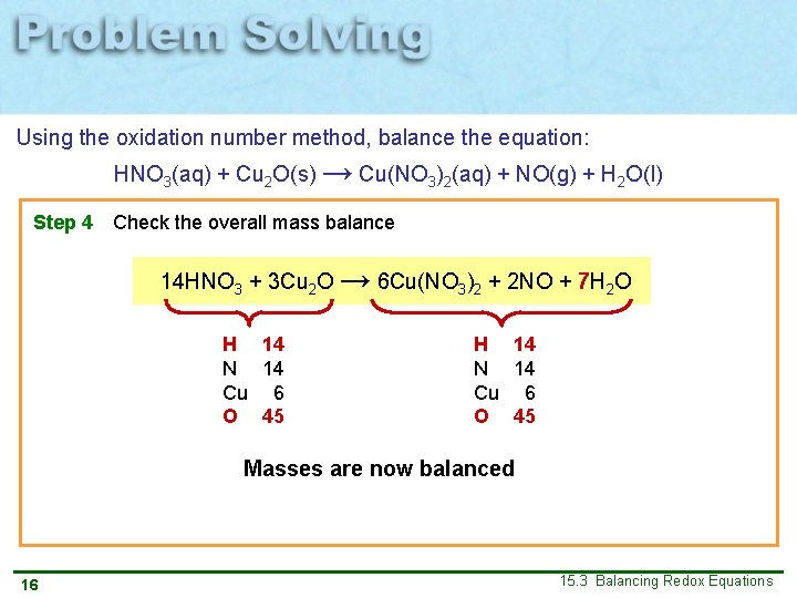 Using the oxidation number method, balance the equation: HNO 3(aq) + Cu 2 O(s)