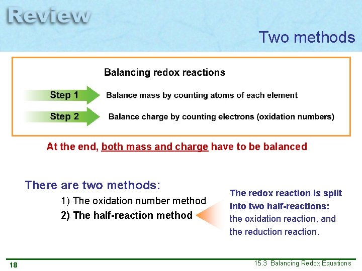 Two methods At the end, both mass and charge have to be balanced There