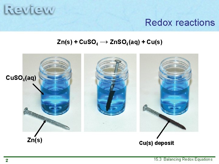 Redox reactions Zn(s) + Cu. SO 4 → Zn. SO 4(aq) + Cu(s) Cu.