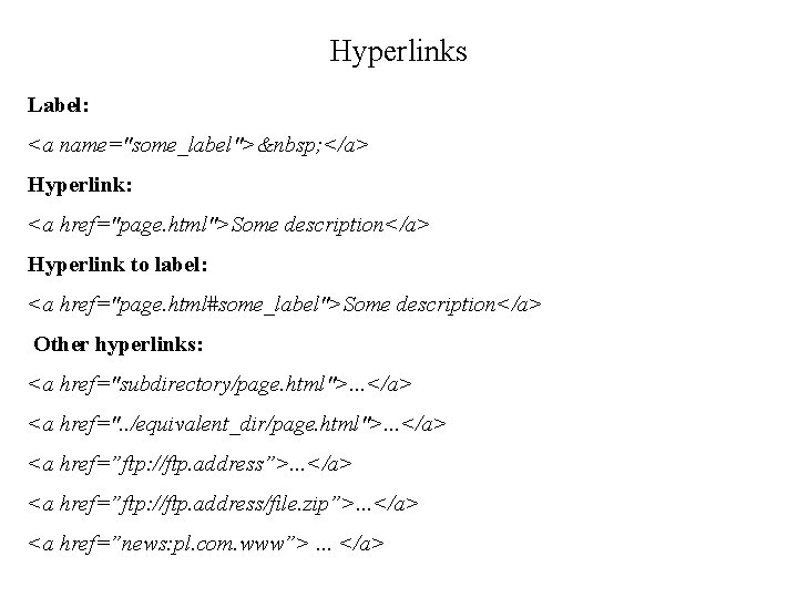 Hyperlinks Label: <a name="some_label">  </a> Hyperlink: <a href="page. html">Some description</a> Hyperlink to label: <a