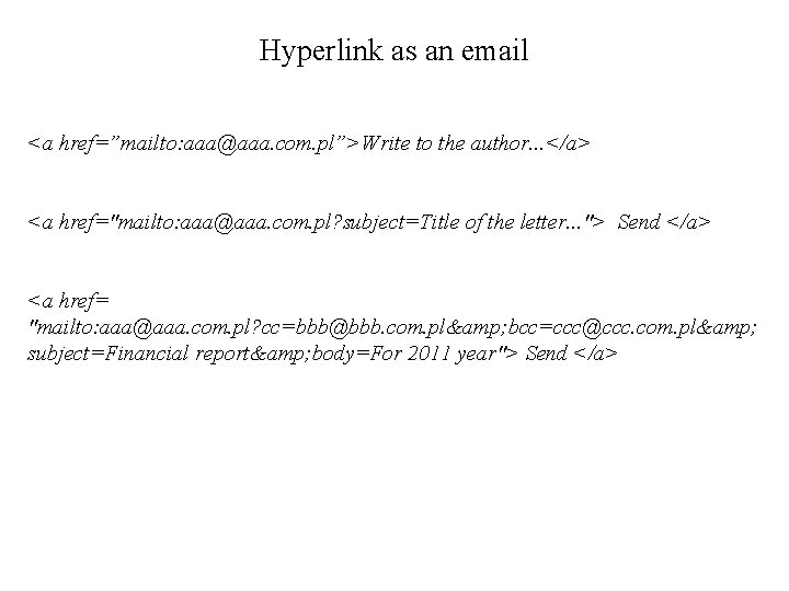 Hyperlink as an email <a href=”mailto: aaa@aaa. com. pl”>Write to the author. . .