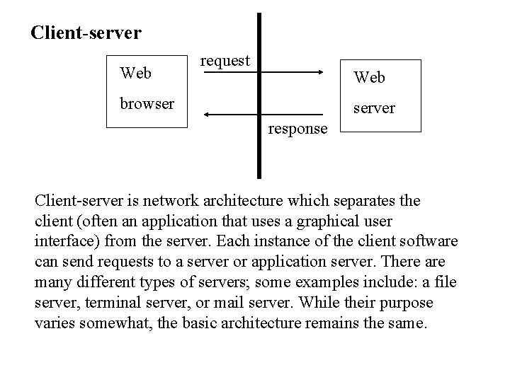 Client-server Web request Web browser server response Client-server is network architecture which separates the